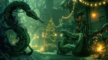 Naklejka premium Two green snakes against the backdrop of a snowy street, Christmas atmosphere