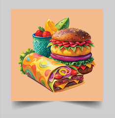 Delicious burger with many ingredients isolated on white background Tasty cheeseburger splash vector design