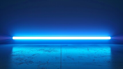 A vibrant blue neon light tube placed horizontally on a concrete floor, illuminating the surroundings with a striking fluorescent glow, creating a modern, futuristic ambiance.