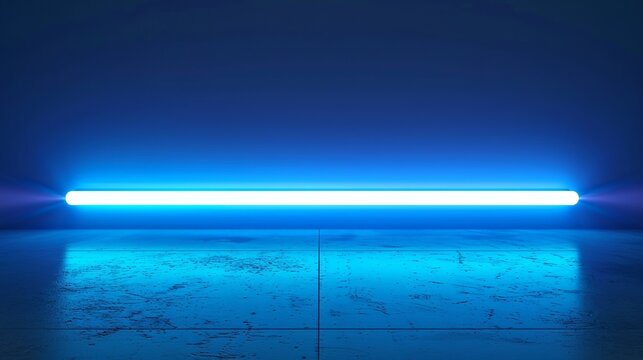 A vibrant blue neon light tube placed horizontally on a concrete floor, illuminating the surroundings with a striking fluorescent glow, creating a modern, futuristic ambiance.