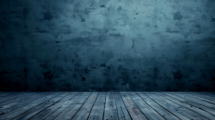 Empty dark room with aged wooden floor and grunge concrete wall, perfect for backgrounds, texturing, or a minimalist setting.