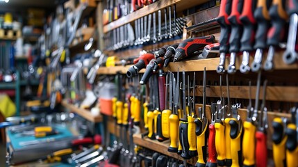 Fototapeta premium Tools put up for sale in a hardware store