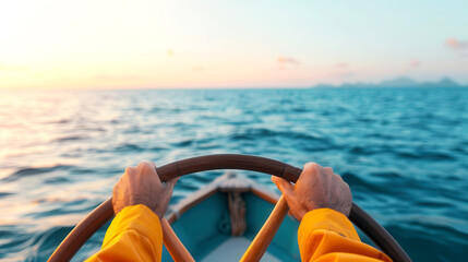 Fototapeta premium Hands steering a boat on open sea during sunset, representing adventure, freedom, and nautical exploration. Calm ocean waves under clear sky.