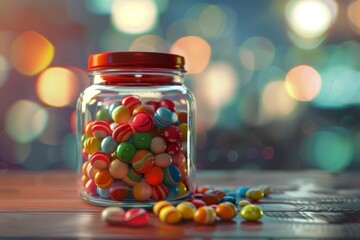 Jar filled with colorful candies on a wooden table with bokeh lights.