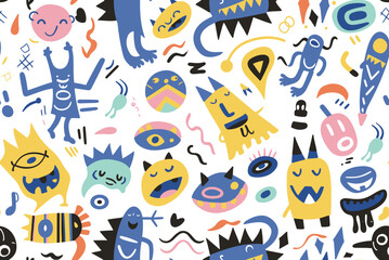  Cute alien kids textile pattern. Fabric design cosmos star little monsters for children clothes. Cartoon space aliens character vector illustration