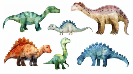 A collection of watercolor illustrations featuring various species of dinosaurs in different shades, highlighting creativity and the charm of ancient creatures.