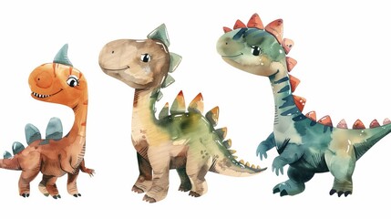 Naklejka premium Three adorable cartoon dinosaurs depicted in a row with vibrant colors and charming expressions, capturing the imagination and playfulness of childhood.