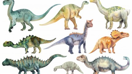 This image presents a variety of cartoon dinosaurs depicted in different poses and colors, showcasing diverse prehistoric species in an artistic and engaging illustration style. © Damerfie