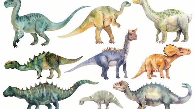 This image presents a variety of cartoon dinosaurs depicted in different poses and colors, showcasing diverse prehistoric species in an artistic and engaging illustration style.