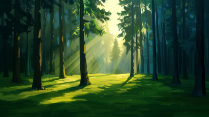 Obraz premium Sunlight streams through a dense forest, illuminating the lush green foliage and casting beautiful shadows on a tranquil forest floor.