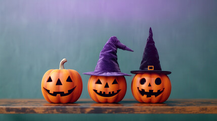Three carved pumpkins with witch hats on a wooden table, perfect for Halloween decoration and festive atmosphere.