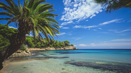 A beautiful blue ocean with a palm tree in the foreground