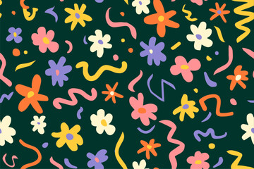  Fun shapes children seamless pattern. Flower geometric neon bright color funky groovy 90s cartoon isolated print pattern. Vector illustration on black background