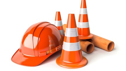 Traffic cones and hardhat under constructiom icon isolated