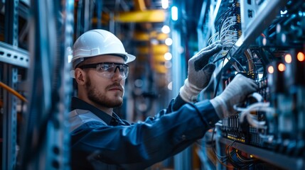 A technician wearing safety glasses and a hard hat carefully adjusts wires in a server room, illuminated by fluorescent lighting