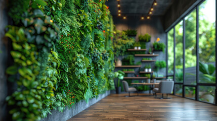 Green living wall with perennial plants in modern office. Urban gardening landscaping interior design. Fresh green vertical plant wall inside office