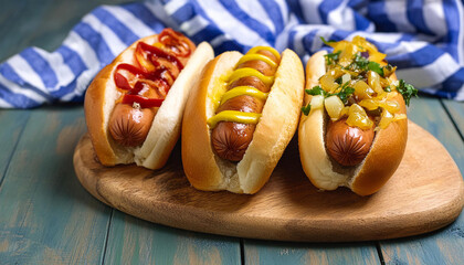 Close up four tasty hot dogs with mustard on fresh buns, served on a wooden tray. Fast food meal.
