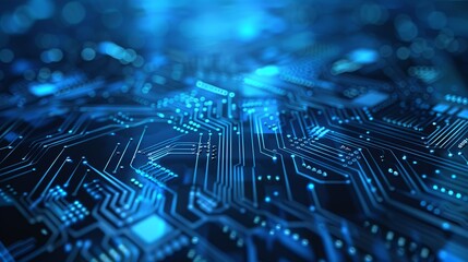 This image features a detailed circuit board with intricate blue glowing connections, symbolizing modern technology and high-tech electronics on a digital platform.