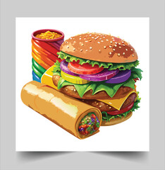 Delicious burger with many ingredients isolated on white background Tasty cheeseburger splash vector design