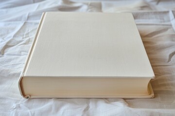 Fototapeta premium A white book sits atop a bed, providing a simple and peaceful scene