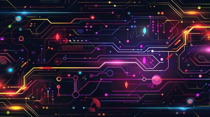 A vibrant depiction of a colorful circuit board with neon accents and lights, showcasing the complexity and beauty of modern electronic design and technological advancement.