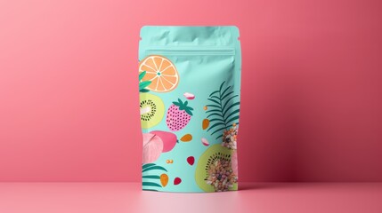 Obraz premium A bold and colorful packaging design for a bag of organic granola. The packaging features a vibrant color scheme and an illustration of a variety of fruits and nuts.