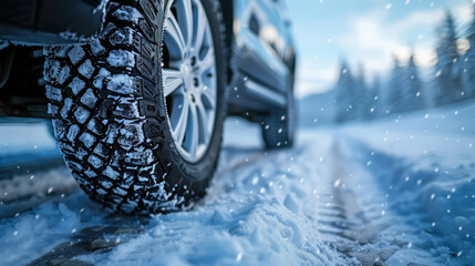 ground level view of a car wheel with snow tire in winter