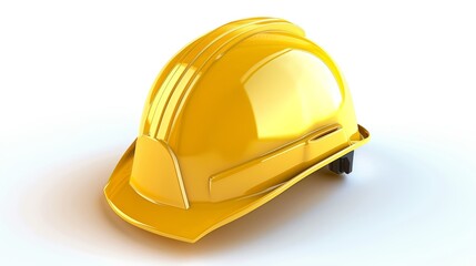 Fototapeta premium A bright yellow hardhat, used for safety, is shown on a plain white background. A 3D illustration of this protective headgear, typically worn by construction workers and handymen, is also included.