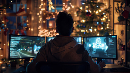 Obraz premium male programmer in front of three monitors, coding at night with Christmas lights on the background 