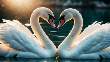 Fototapeta premium Two white swans swim in lake, their necks bent to form heart shape. Love, romance