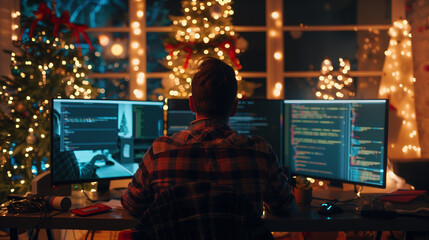 Fototapeta premium male programmer in front of three monitors, coding at night with Christmas lights on the background 