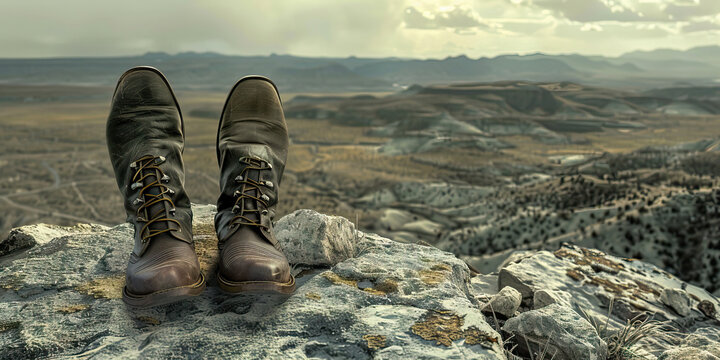 The Intrepid Explorers of the Frontier: A rugged landscape, with a pair of cowboy boots planted firmly on a stone outcrop, and a Stetson hat resting nearby.
