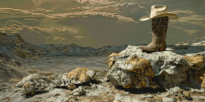 The Intrepid Explorers of the Frontier: A rugged landscape, with a pair of cowboy boots planted firmly on a stone outcrop, and a Stetson hat resting nearby.