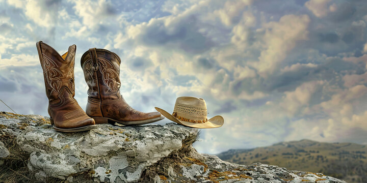 The Intrepid Explorers of the Frontier: A rugged landscape, with a pair of cowboy boots planted firmly on a stone outcrop, and a Stetson hat resting nearby.