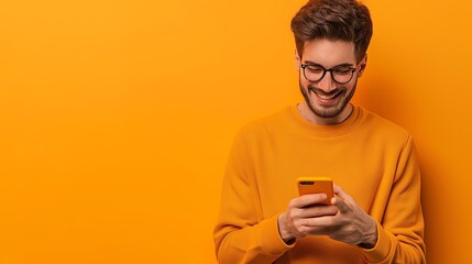 a young guy with a smartphone in his hands smiling, wearing yellow clothes on a yellow background
