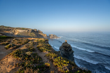 White stork's nest on the cliffs view, Ciconia ciconia, Alentejo, Portugal