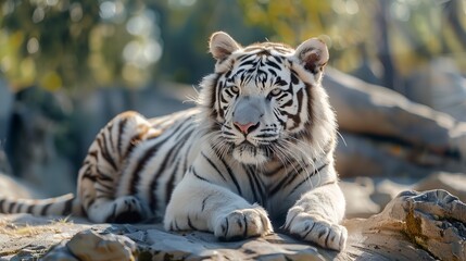 A captivating photograph of a majestic white tiger with distinct black stripes, resting gracefully in a natural outdoor setting, exuding strength and serenity.