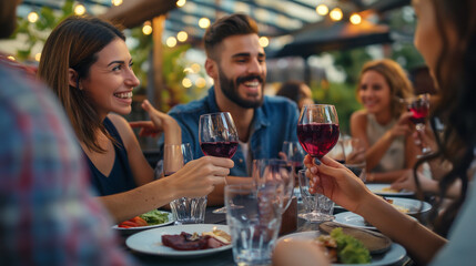 Happy friends drinking red wine sitting at an outdoor restaurant table, young people enjoying rooftop dinner party together, guys and girls having lunch break outside