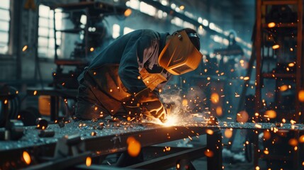 A man in a workshop welds metal with an electric welding machine. He creates orange sparks and works in a factory setting.