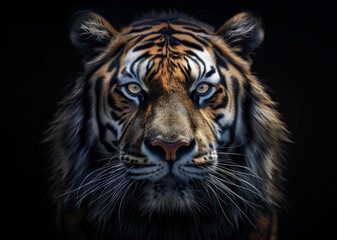 tiger portrait, front view, dark background