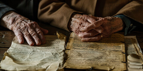 Invaluable Heritage of the Republic: An elderly couple, their hands intertwined, gazing lovingly at a collection of historic documents, including the Declaration of Independence.