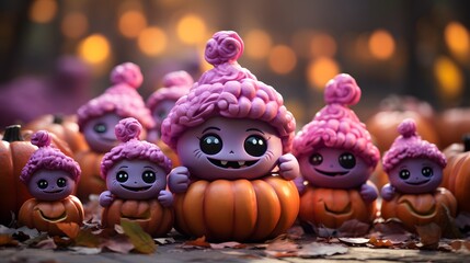 Orange pumpkins for the Halloween holiday. Carved faces with glow in pumpkins