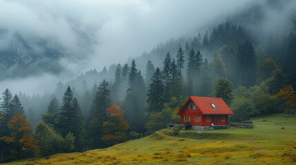 Isolated house in the mountain with fog, northern European farm in the countryside