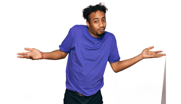 Young african american man with beard wearing casual purple t shirt clueless and confused expression with arms and hands raised. doubt concept.