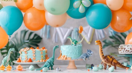 A young child's dinosaur-themed birthday celebration with a cerulean cake and vibrant balloons...