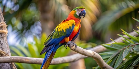 Obraz premium Generative ai. vibrant colorful macaw parrot, perched on a branch, tropical background, lush greenery, detailed feathers, sunny day, high-resolution, natural habitat, sharp focus, vivid colors 