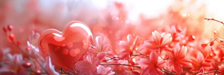 World Heart Day. Horizontal banner. Red heart decorated with pink flowers on a pink background. Free space for text. Health care concept, healthy lifestyle, prevention of heart attack, organ donation