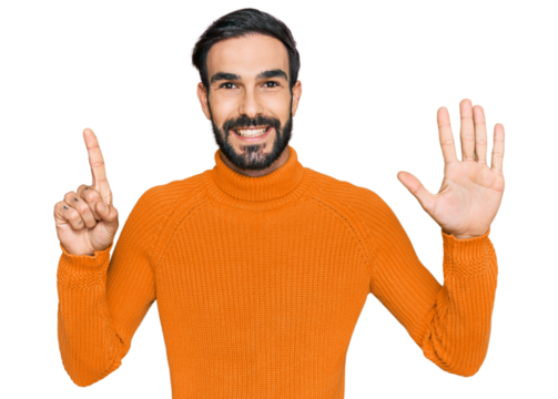 Young hispanic man wearing casual clothes showing and pointing up with fingers number six while smiling confident and happy.