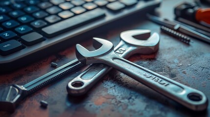 A close up of a set of wrenches placed on a keyboard, symbolizing readiness for mechanical repairs and tech support, blending traditional tools with modern technology.