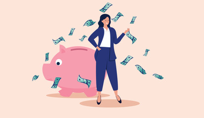Woman saving money in piggy bank - Vector illustration of businesswoman smiling and being satisfied with financial savings and investing. Flat design with beige background